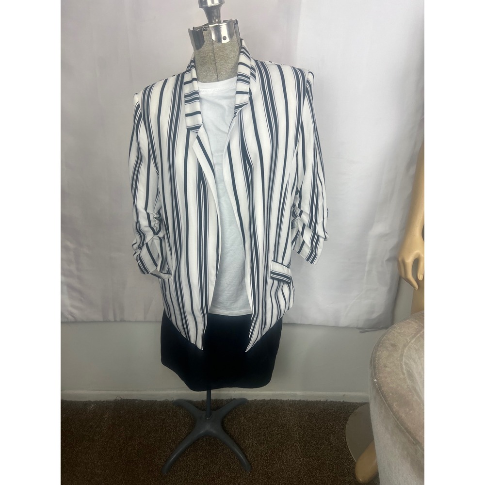 Endless Love Womens‎ Striped Open Front Blazer Black White Ruched 3/4 Sleeve L